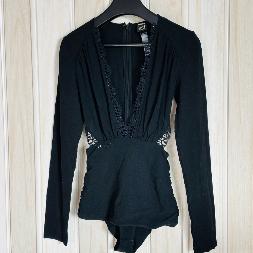 La Perla Black Lace-Trim Long-Sleeve Bodysuit